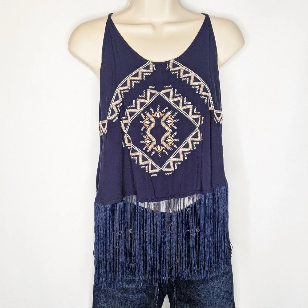 Jenna Hansen Navy Blue Embroidered‎ Fringe Hem Cami Tank Top Boho Festival XS